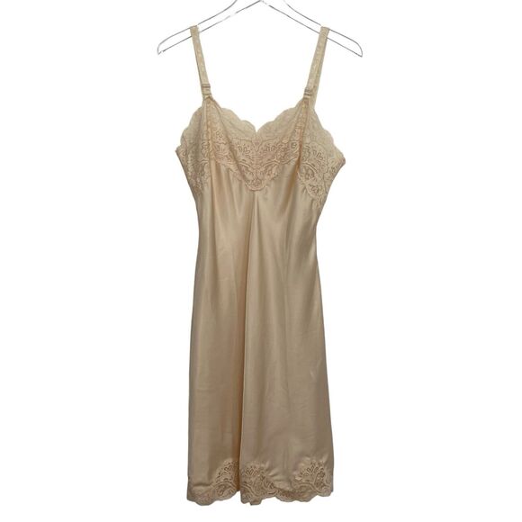 NWT Vintage 90s Wondermaid Non-Cling Beige Satin Lacy Full Slip Dress Size 34 - Picture 8 of 12